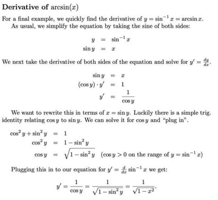 Derivative of arcsin, question on provided proof