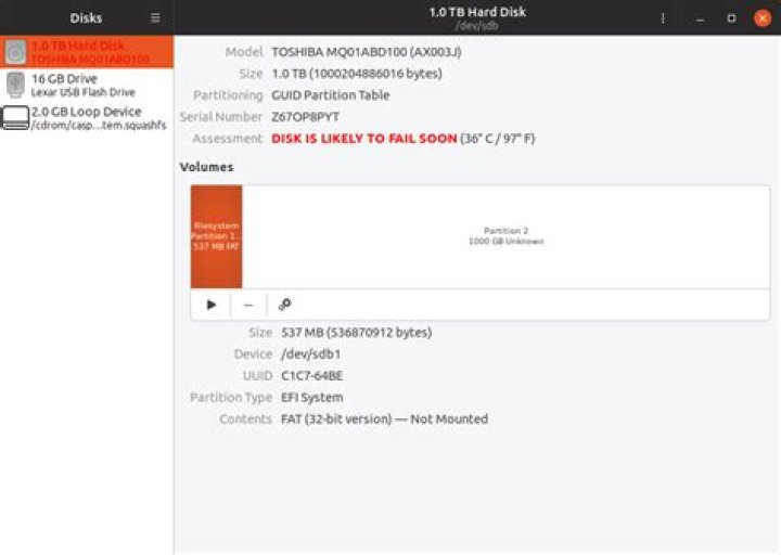 Disk is likely to fail soon (37° C / 99° F)