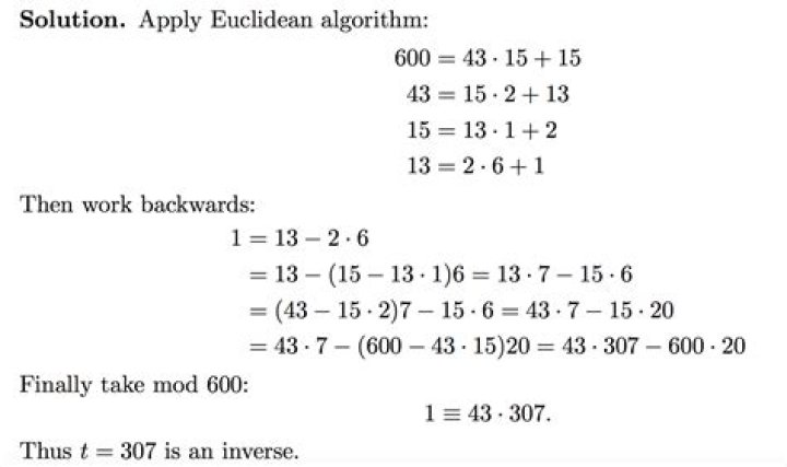 Euclidean algorithm to find inverse modulo