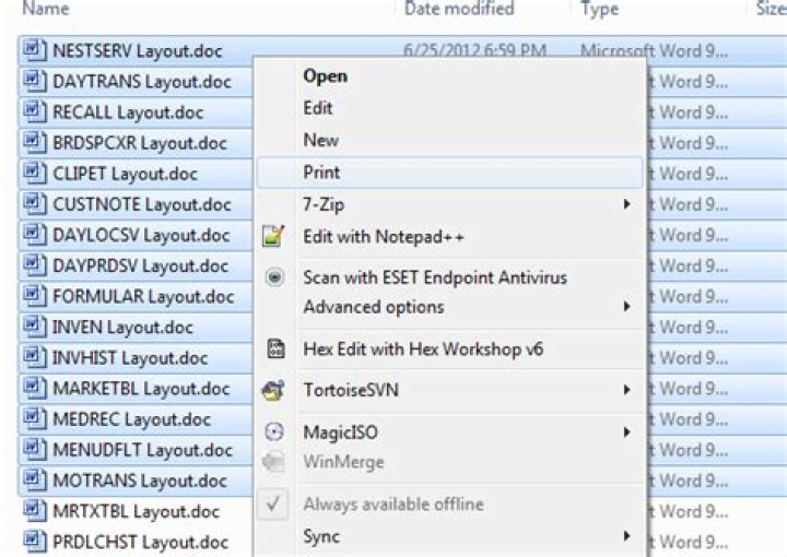 How can I print out 20 individual Word documents at once?