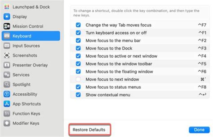 How can I restore default keyboard shortcuts?