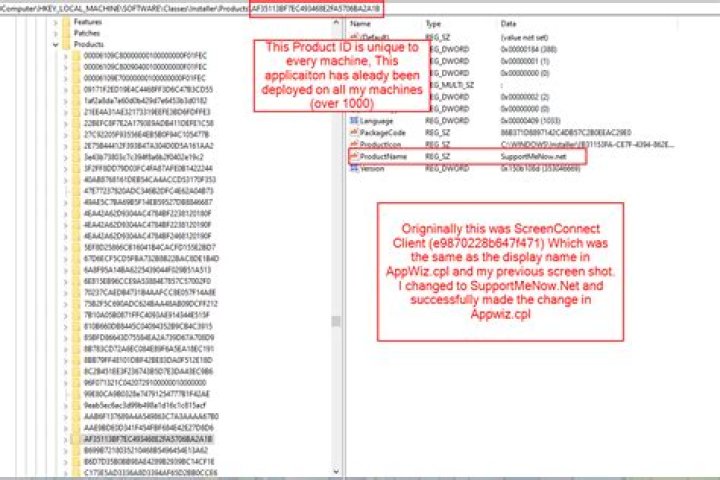 How do I change the display name (or create script) of MSI App in Appwiz.cpl