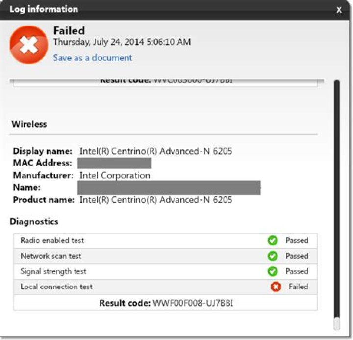 Lenovo hardware test "local connection test" failed for Intel Centrino Advanced-N 6205