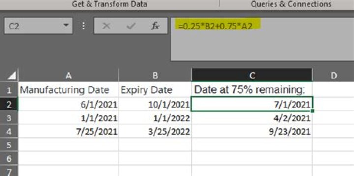 Microsoft Excel. Shelf life: calculate on which day % left equals 75