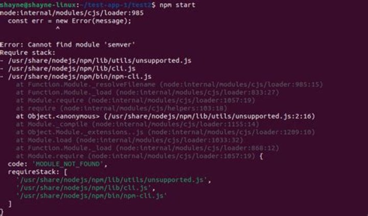 Npm can't find module "semver" error in Ubuntu 19.04