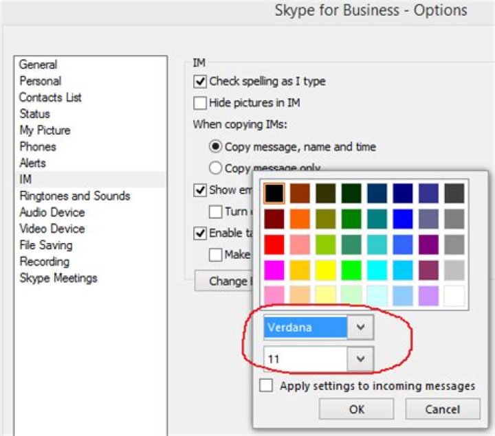 Reset the IM font settings - Skype for Business