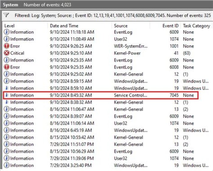 What is the nhi event source and its event id 1 in the Microsoft windows system event log?